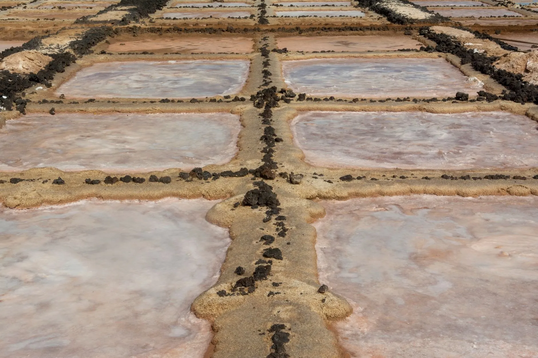Brine walks from pan to pan by weir. Sun and wind take the water; the minerals we don’t want settle out on the way.