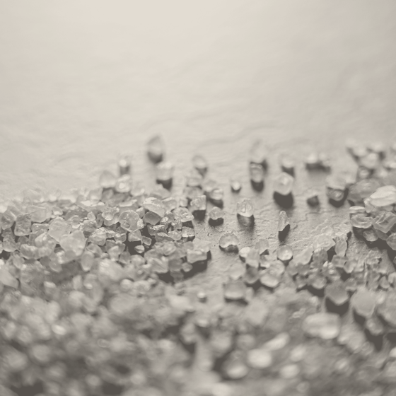 Fleur de sel: thin flat crystal plates lying loose on a wet surface, each a few millimetres across.